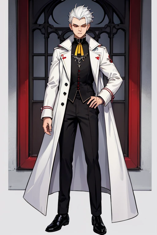 male, silver hair, red eyes, handsome, (((1boy))), (((white gothic coat with yellow trim))), (black shirt), (white pants), (black dress shoes), slightly muscular, long legs