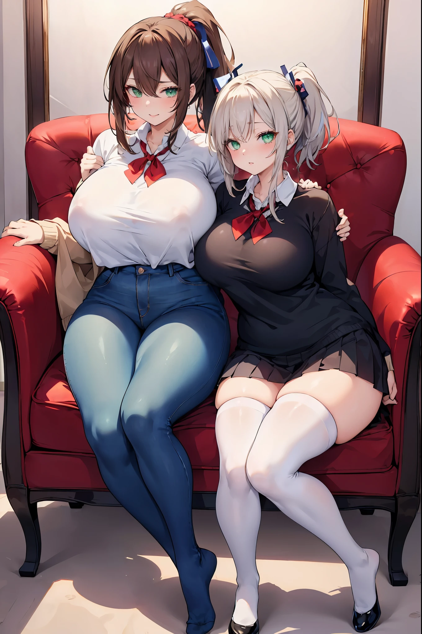 (Best quality: 1.5), (masterpiece: 1.5), (character in the center), (absurd), (4k wallpaper), (detailed eyes), (pretty eyes), (perfect hands), (Beautiful skin ), (perfect body), (perfect shadows), (full body), (perfect light), (detailed eyes), (masterpiece), (voluptuous body), (perfect anatomy), (anime girl), two girl, a mother and her daughter, (the mother must have the following characteristics: wear jeans and a sweater, with green eyes, brown hair with a ponytail), (the daughter must wear a (school uniform), thigh-high stockings, eyes green, white hair with two pigtails), both must have huge breasts, oppai, huge thighs, perfect thighs, very voluptuous bodies, they must have flirtatious and lustful faces, they must be inside a house