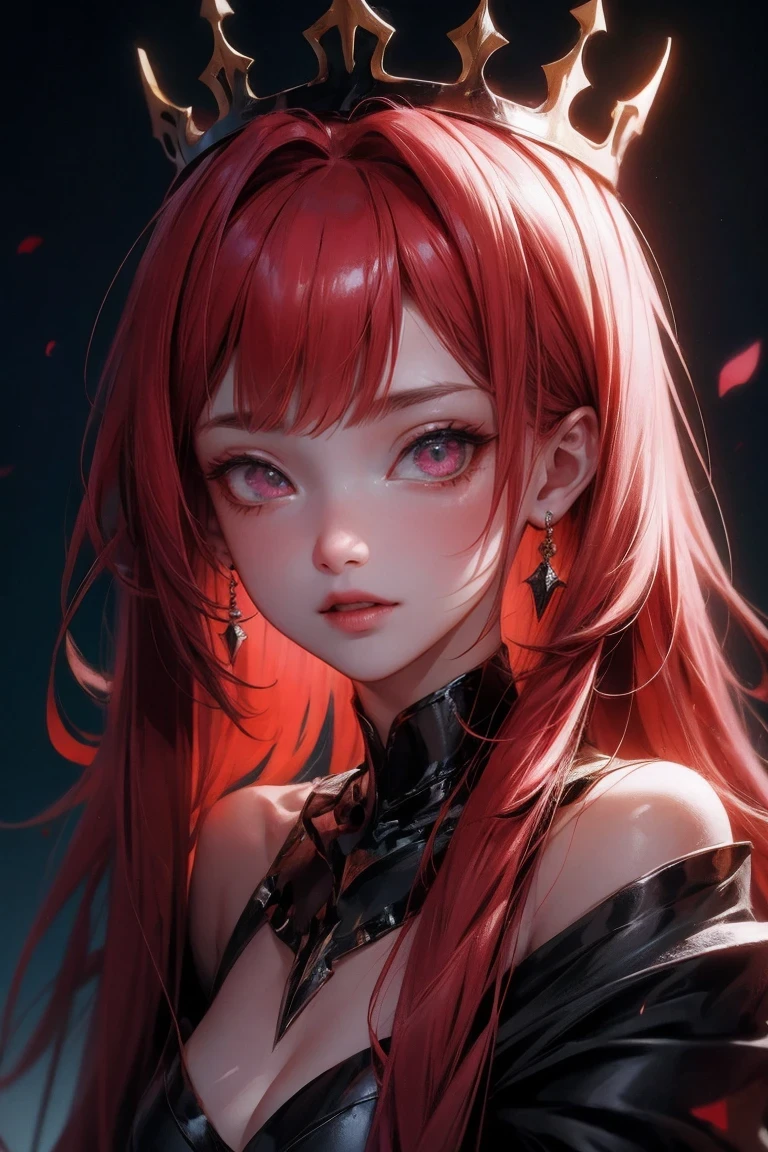 The Dark Princess of Blood-Eyed, Red hair, crown, smile, anime style, lens flare, high detail, First-person perspective, movie lighting, masterpiece, Super details, best quality, 8K, ultra high definition