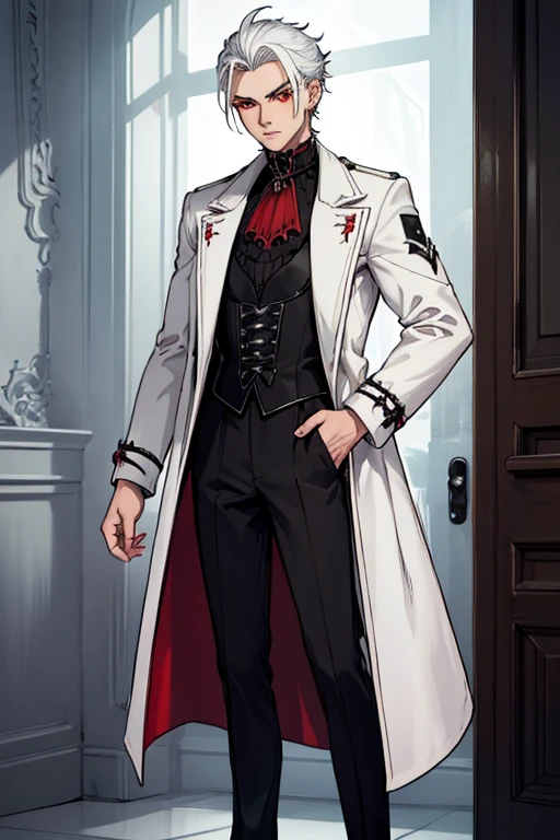male, silver hair, red eyes, handsome, (((1boy))), (((white gothic coat with yellow trim))), (black shirt), (white pants), (black dress shoes), slightly muscular, long legs