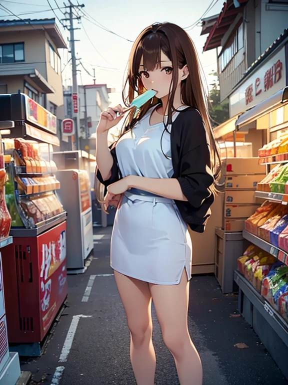 Best Quality, masutepiece, beautiful mature women、Beautiful face、Strong-minded woman、Office Suits、brown haired、Brown-eyed、Longhaire、Undersized eyes、Full body like、In front of a convenience store、outside of house、Eating popsicles
