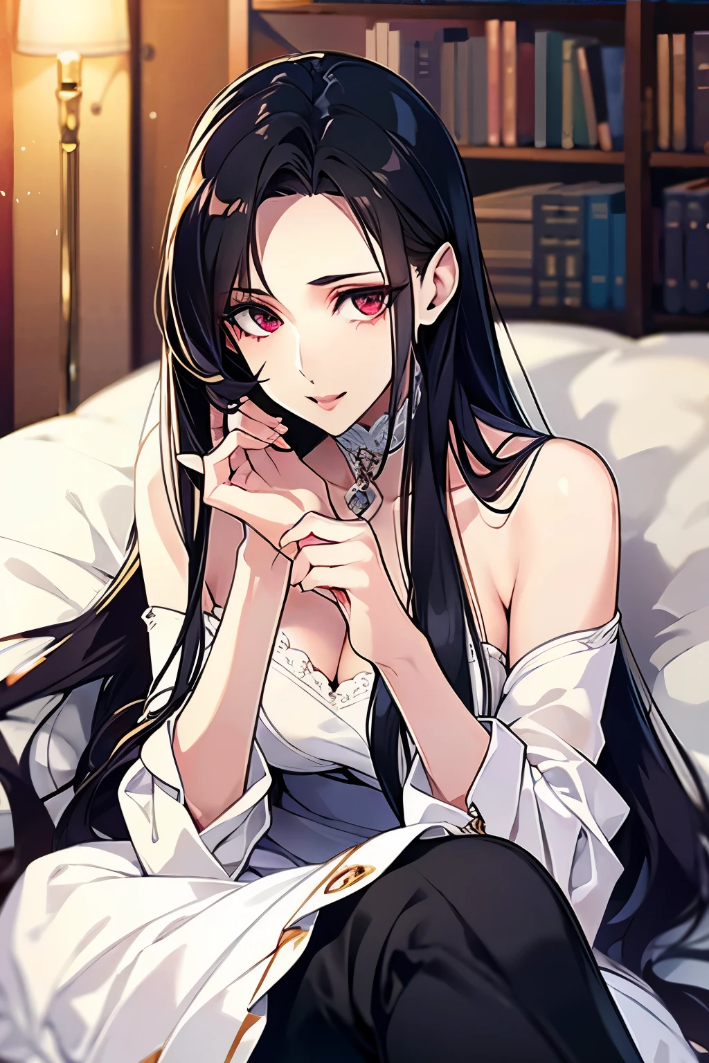 Mature Vampire Queen long black hair and white dress
