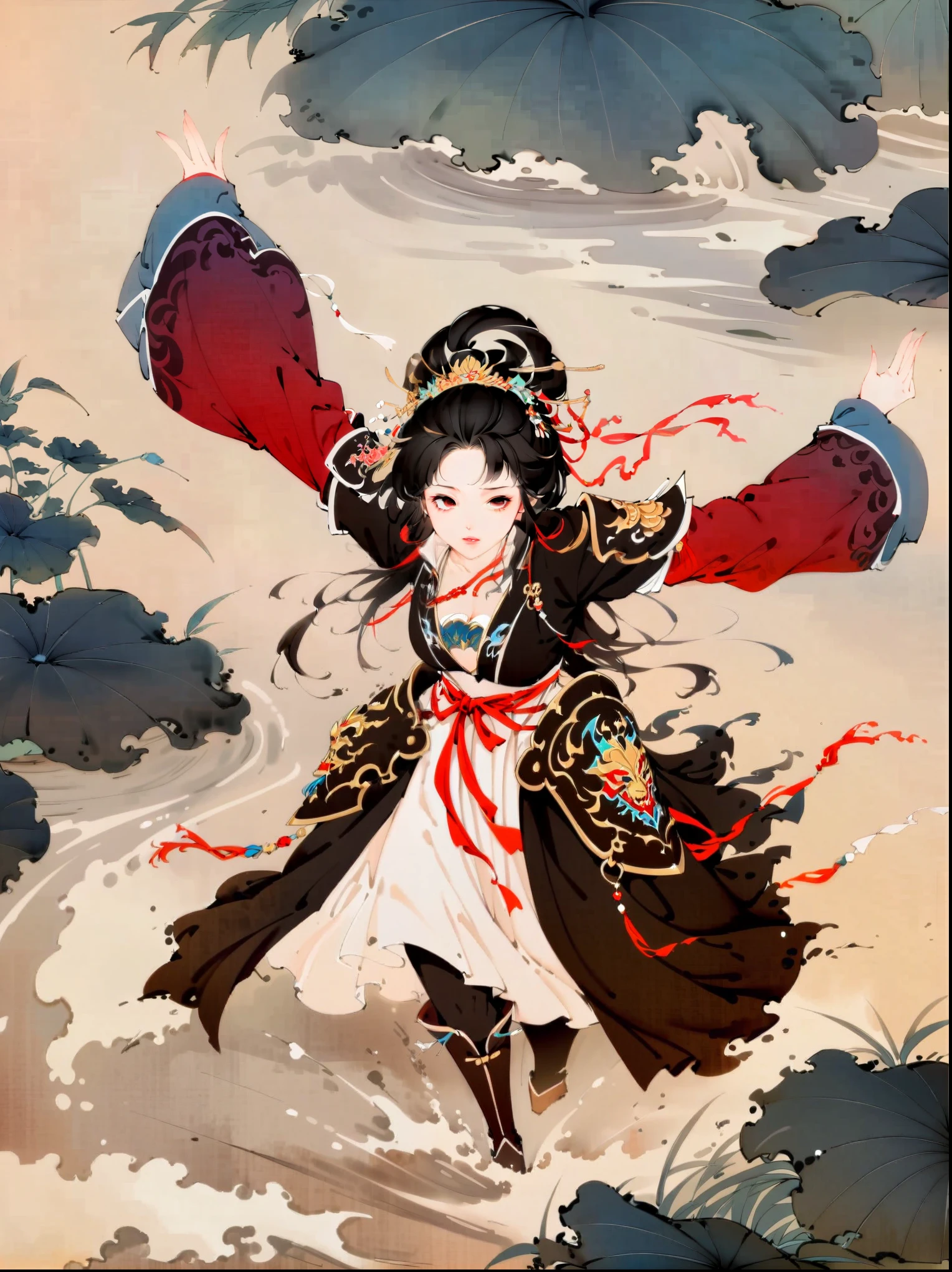 watercolor concept art by Benedick Bana
(perspective from above )
1girl, charging forward , detailed face, beautiful woman in fantasy samurai armor, trudging through misty swamp in middle of multiple army battlefield, marshlands, foggy, cloudy, wearing surcoat with family arms embroidered on it, many samurai fighting in background, masterpiece, best quality, high quality, dramatic lighting, shadows