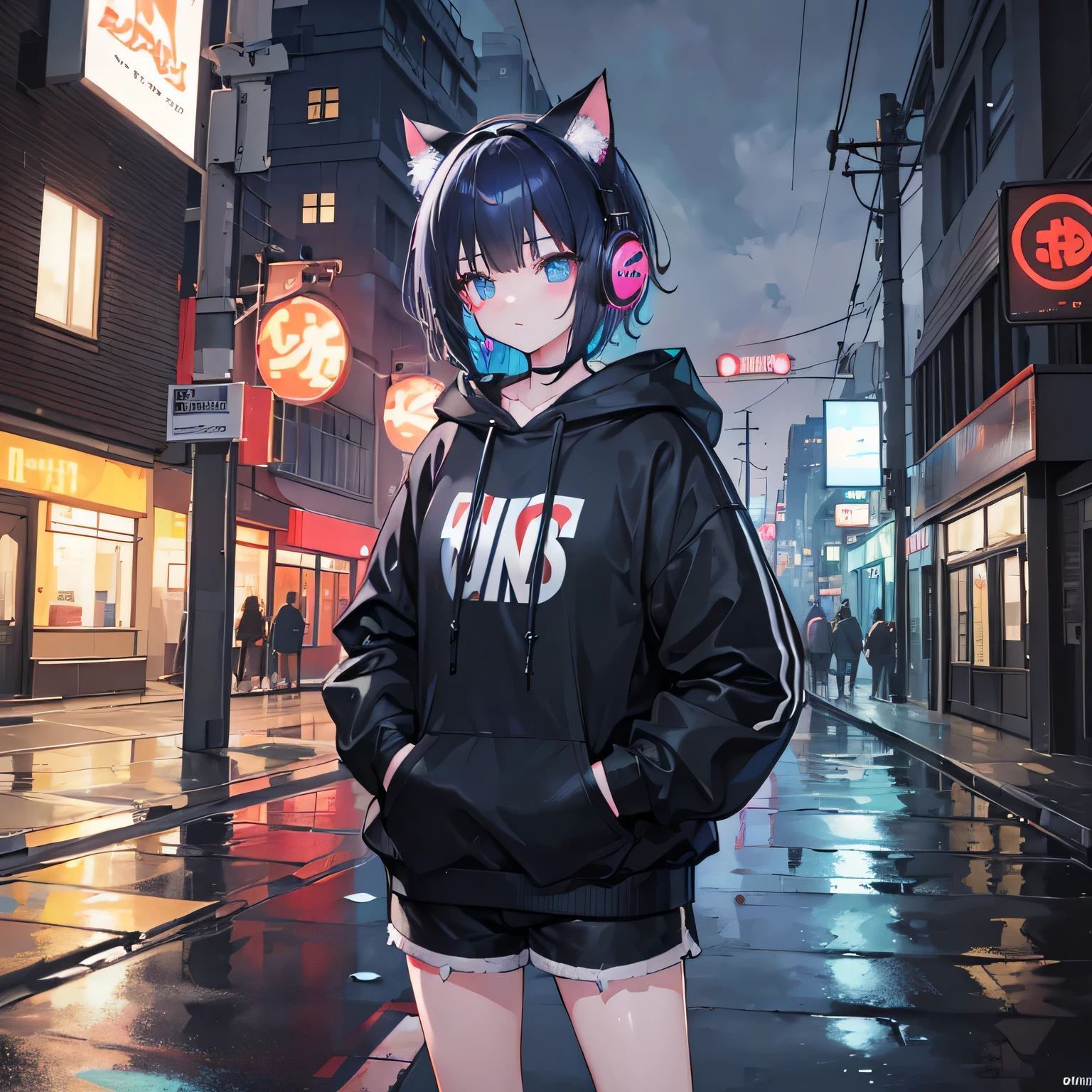 8K resolution、((highest quality))、((masterpiece))、((super detailed))、1 female、solo、incredibly absurd、oversized hoodie、cat ear headphones、street、outdoor、night rain、neon、short cut hair、Brightly colored eyes、put one's hand in one's pocket、shorts、water dripping