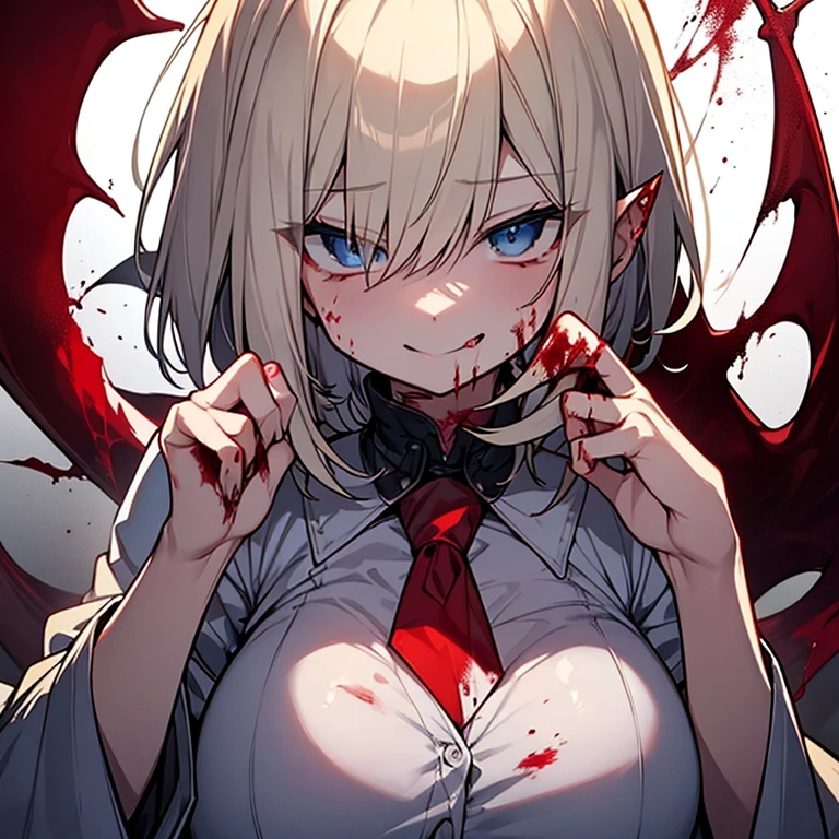 Short blonde hair、sharp eyes、light blue eyes、vampire、Ruthless smile、Licking bloody fingers、sticking out tongue、Blood on the face、lots of blood、high school student、big breasts、darkness、Aggressive、Insanity、murderous intent、cool、whole body