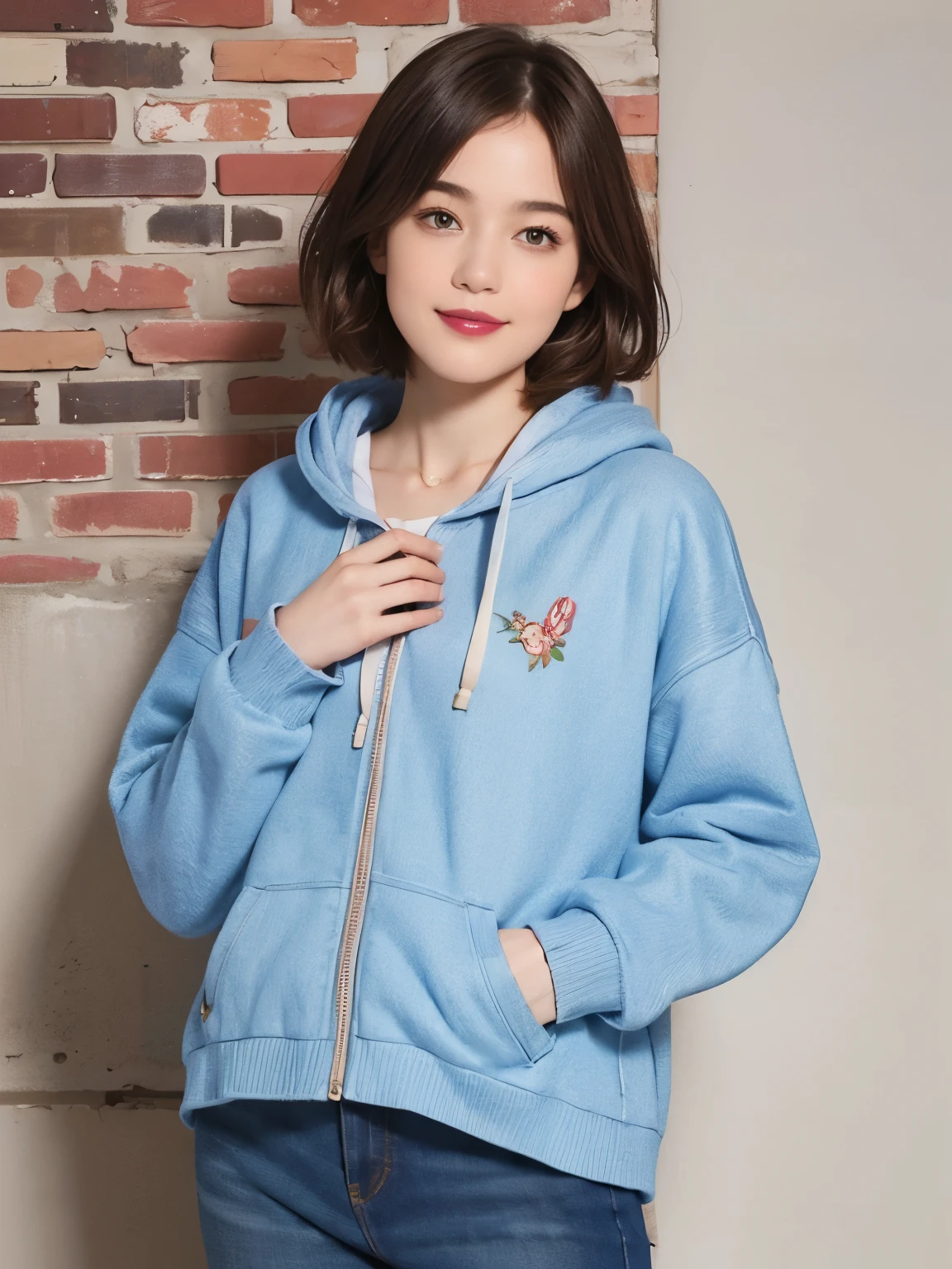 200 (snapdd00-Fp16), woman, floral hoodie, gentle smile, lipstick, short hair, Retro brick town, wearing jeans