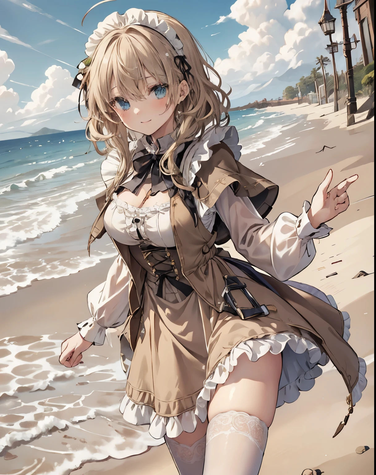 masterpiece, 1girl, sparrow, a blonde haired girl, wearing a brown medieval maid clothes, curly medium hair, messy hair, slim body, wearing brown capelet with hoody, he close her left eye, shirt ornament, aqua eyes, sho show her back, ahoge, black vest, baby face, big breast, beautiful breasts, rounded breasts, braid hair, long sleeves, beautiful eyes, white stocking, droopy eyes, her age is 19 years old, beach, victorian dress, lovely smile