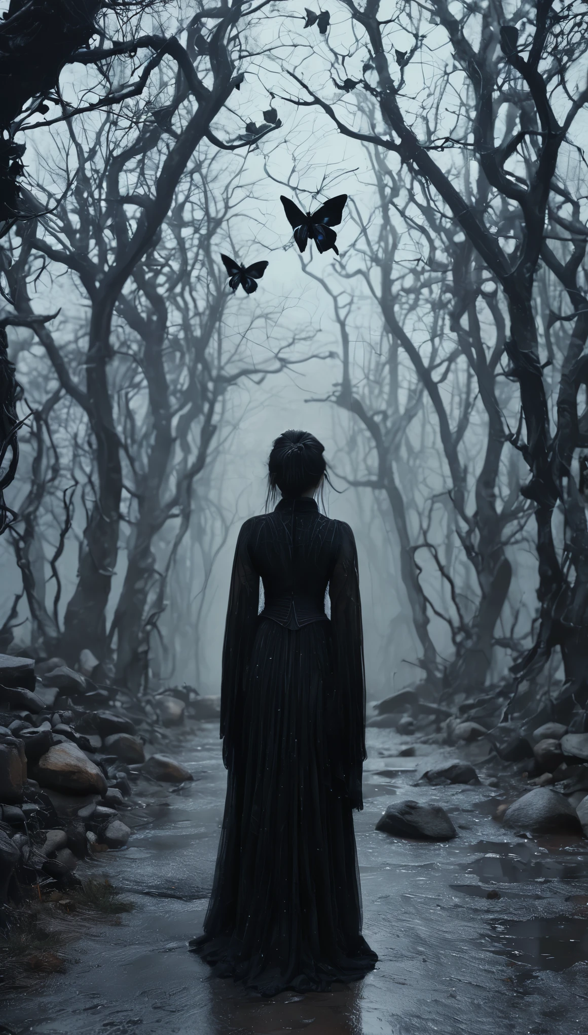 (butterfly:1.5),(butterfly theme:1.5),(dark horror theme:1.5),(thriller:1.5),(inspiration from Stephen King:1.5),(dark fantasy:1.5), (ink and watercolor painting:1.5), (black and white color:1.5), 8k, 4k, (landscapes:1.5),(A large number of butterflies fly towards the viewer:1.5),(ruined:1.5),(ruined village:1.5),(1800s:1.5), (ruined theme:1.5),(lots of flying butterflies:1.5),(puddle:1.5),(Unpaved roads:1.5),(absurderes:1.5),(fantastic:1.5),(best quality:1.5),(masterpiece:1.5),full body length,Quartz Manganite babygirl ,full body shot,ominous landscape,Fluorite Wulfenite atmosphere, Simon Stalenhag,Nicola Samori,Wangechi Mutu,prime colors,extremely detailed,masterpiece,intricate details,faded,eyes extremely detailed, high detailed eyes,16k resolution,RAW, Nikon Z9,scary town,full body length,evil ghost Iridescent,intricate details,Stone Forest in Yunnan Province of China,best quality, ultra-detailed, realistic, portraits, dark and eerie atmosphere, glowing eyes, ethereal presence, hauntingly beautiful, ghostly figures, swirling mists, supernatural entities, demonic essence, shadowy forms, eerie whispers, sinister aura, hauntingly pale skin, dark and twisted branches, flickering candlelight, macabre elements, mysterious and enigmatic, spectral apparitions, gothic art style, hauntingly captivating, spectral realm, hauntingly melancholic, otherworldly beauty, ethereal glow, hauntingly haunting, chilling and atmospheric, eerie and ominous lighting.OLD ORD MANTELL CITY
