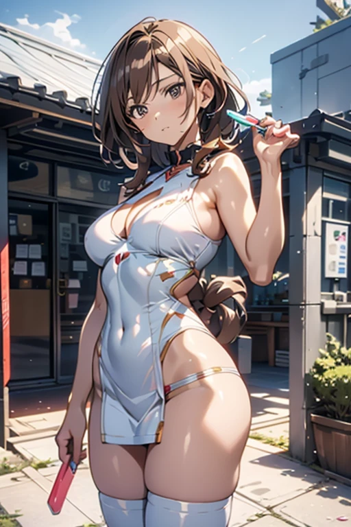 Best Quality, masutepiece, beautiful mature women、Beautiful face、Strong-minded woman、Office Suits、brown haired、Brown-eyed、Longhaire、Undersized eyes、Full body like、In front of a convenience store、outside of house、Eating popsicles
