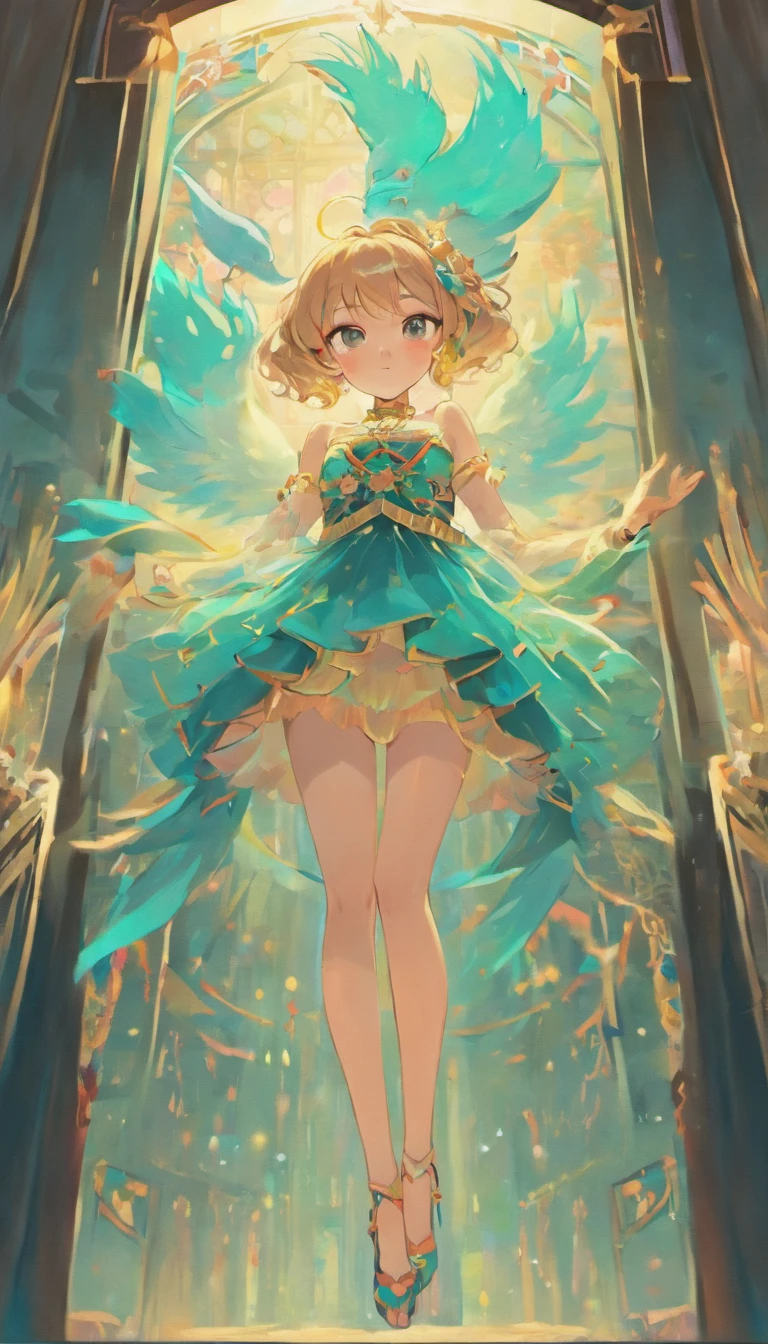 best quality,masterpiece,HD,1 girl,(Full body image,pass upright), Good face shape,(Slim,Raised sexy),Cool and cool,Off the shoulders,navel,long black hair,hair accessories,(thin legs,cross legs), Teal and pink tulle dress,Oriental antiques,Beautiful age girl,Ethereal dreams,beautiful goddess,Detailed scene, eye-catching accessories, picturesque, ((from below))