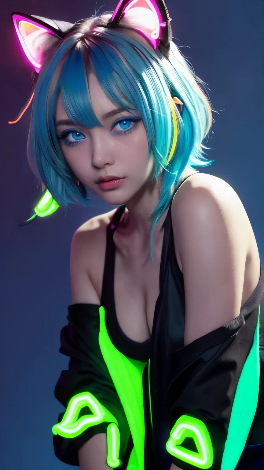 masterpiece, highest quality, 4K, Photorealistic, bokeh, enlightenment,1 perfect portrait of a girl, (A fascinating eye for perfect detail:1.2), colorful hair, (gradient hair), (neon blue hair:1.6), (Cat ear:1.2), fantasy background, (exposed bare shoulders), (long-term alienation sleeve), (lean forward a little), head tilt, (movie lighting:1.2), oversized clothes, (seductive pose:1.4), (neon blue background:1.6), Light blue beautiful eyes, close up,