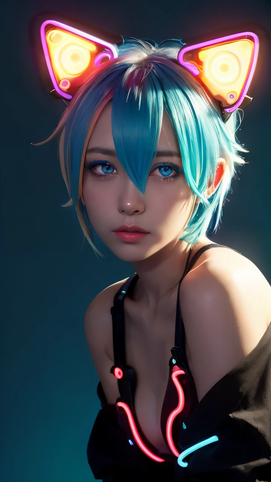 masterpiece, highest quality, 4K, Photorealistic, bokeh, enlightenment,1 perfect portrait of a girl, (A fascinating eye for perfect detail:1.2), colorful hair, (gradient hair), (neon blue hair:1.6), (Cat ear:1.2), fantasy background, (exposed bare shoulders), (long-term alienation sleeve), (lean forward a little), head tilt, (movie lighting:1.2), oversized clothes, (seductive pose:1.4), (neon blue background:1.6), Light blue beautiful eyes, close up,