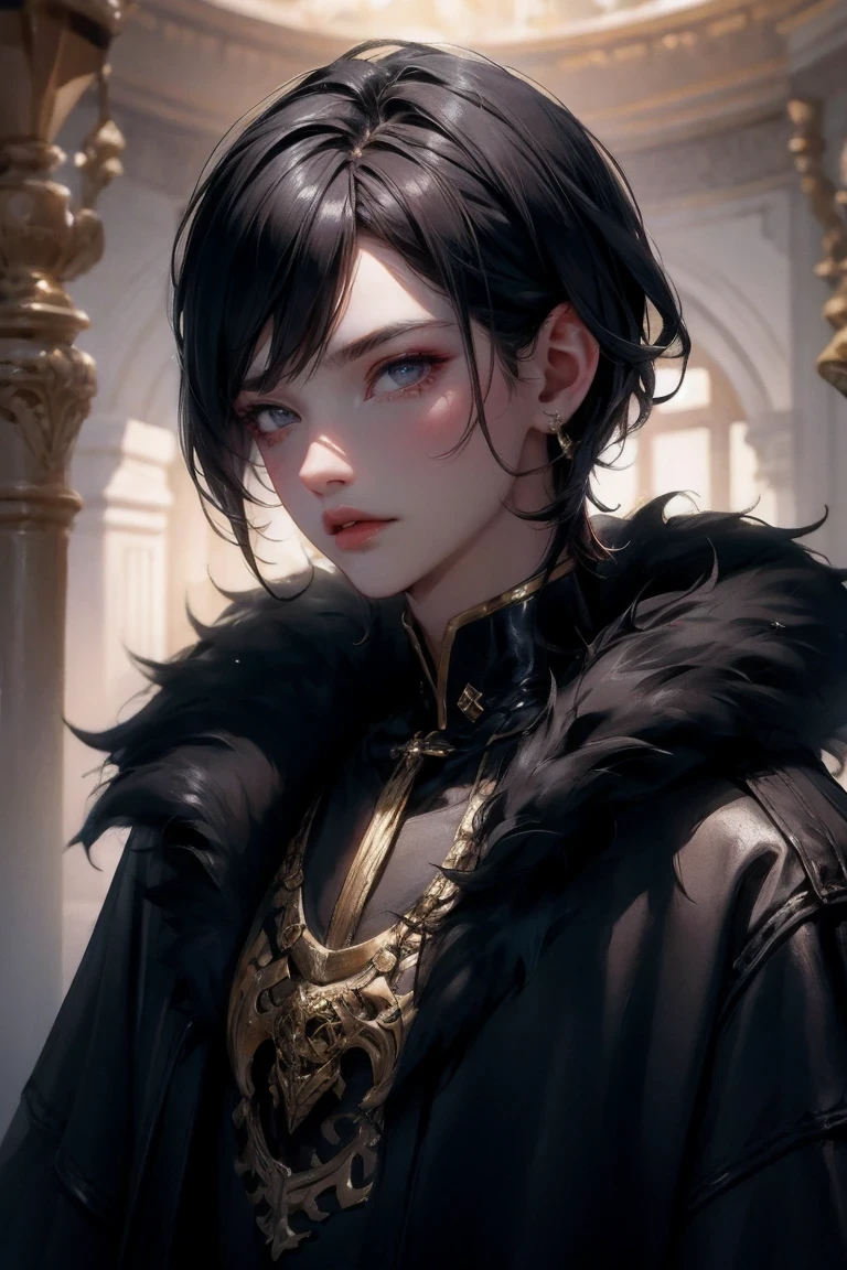 masterpiece, best quality, 1 person, aldult, male focus, alone, medium black hair, Vibrant dark eyes, looking at the audience, Keep your mouth shut, emotional, fantasy aesthetics, Very detailed, shadow poetry style, fur coat