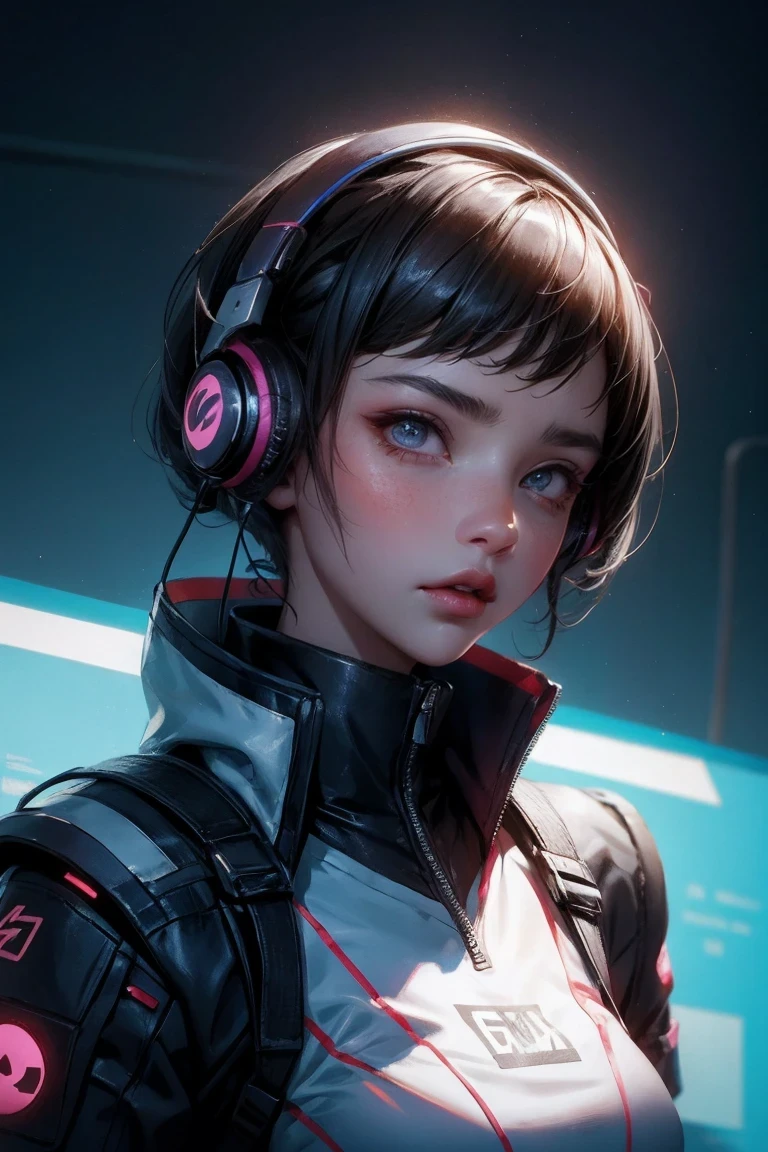 A woman wearing headphones stands nearby, Cyberpunk Art by Jason A.. Engel, CG society, retrofuturism, Ilya Kuvshinov, science fiction, futuristic, energetic, photoactual, actual, dramatic, movie lighting, sharp focus, 8K