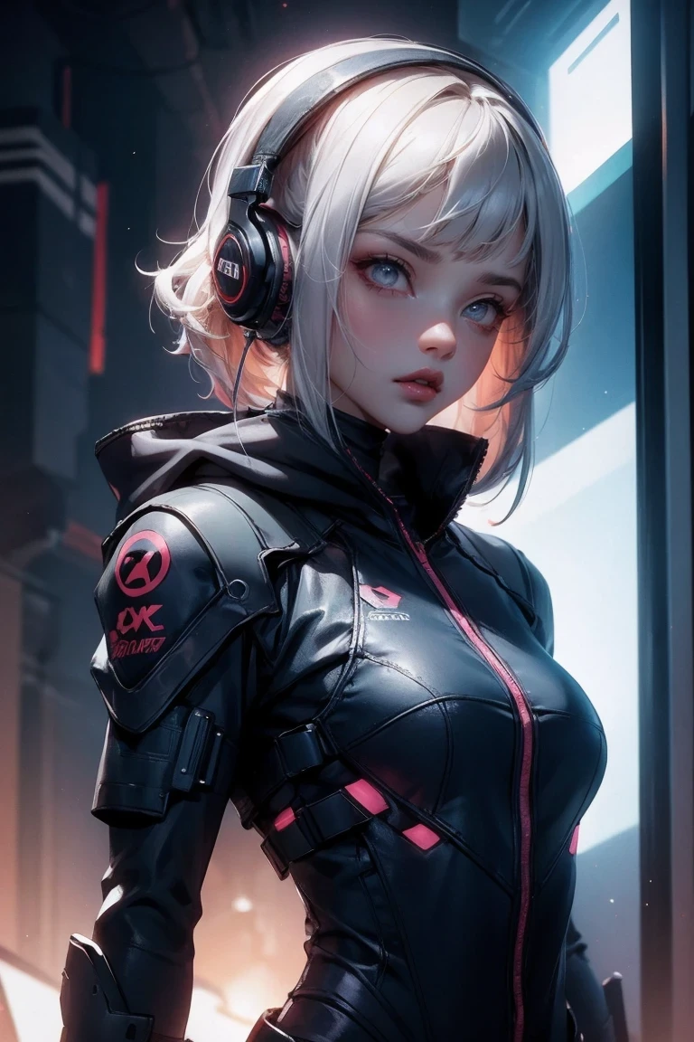 A woman wearing headphones stands nearby, Cyberpunk Art by Jason A.. Engel, CG society, retrofuturism, Ilya Kuvshinov, science fiction, futuristic, energetic, photoactual, actual, dramatic, movie lighting, sharp focus, 8K