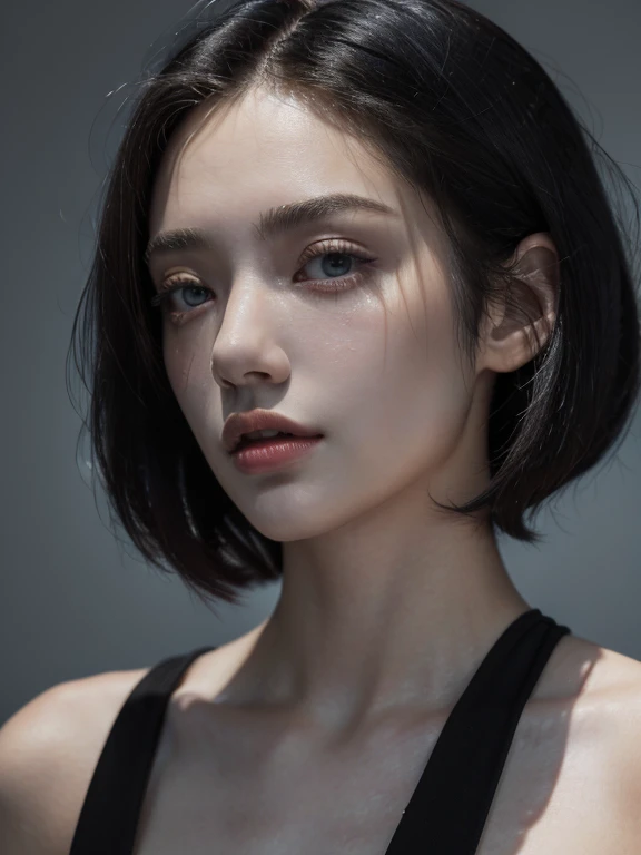 ( masterpiece, top quality, best quality,8k,17 years old girl,ultra detailed,raw photo:1.5),(photorealistic:1.4), (bob cut, black hair:1.5), (cinematic lighting), PerfectNwsjMajic, , Surrealism, UHD, ccurate, Super detail, textured skin, High detail, Best quality, dynamic angle, White skin,[Beautiful blue eyes], high nose,[flat chest:large breasts:0.5],(1girl),(good anatomy:0.5)),(outside )