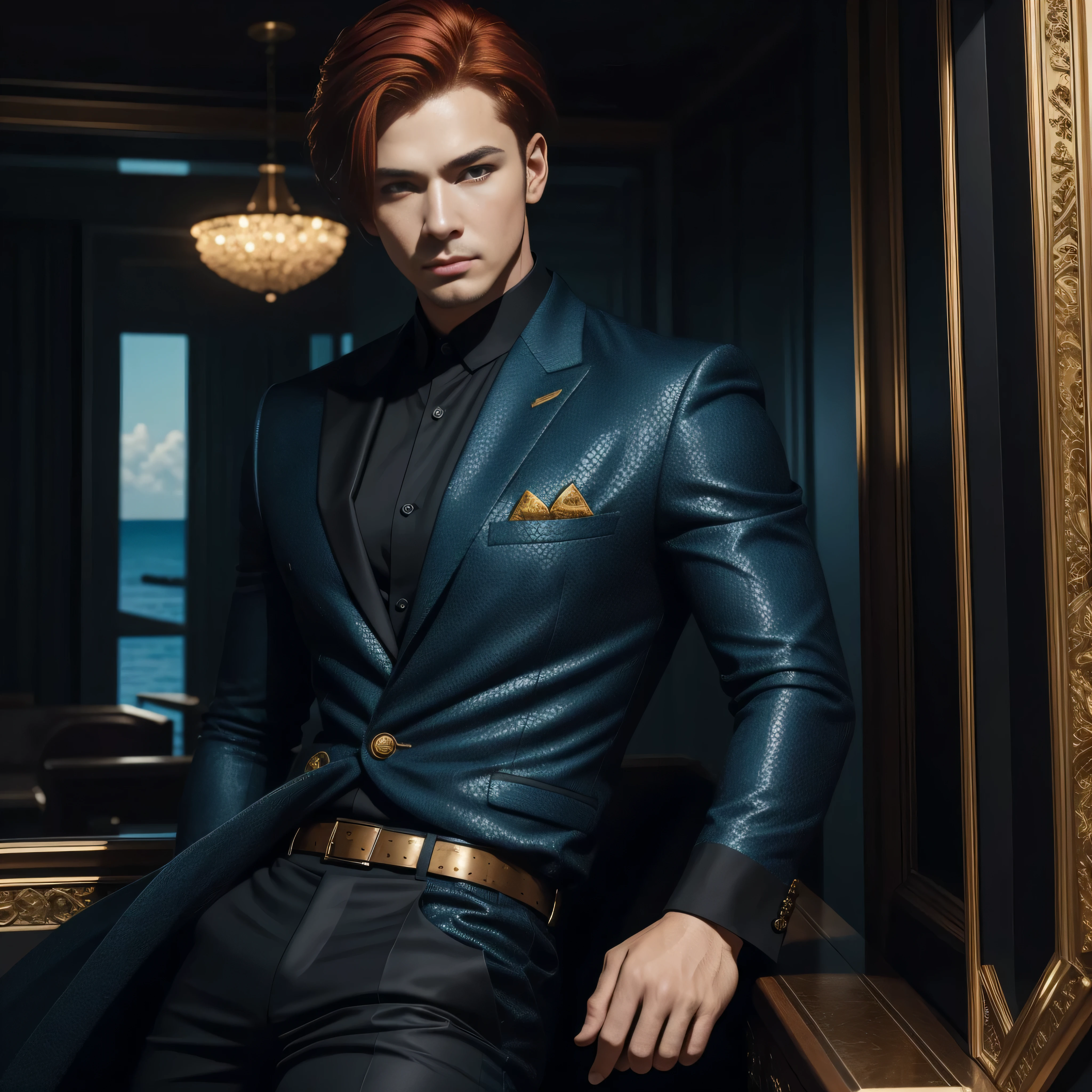 (masterpiece), best quality, expressive eyes, perfect face , solo , 1 men , mature man, redish hair , he have blue like ocean , he wearing black and gold outfit with star pattern , he pose cool
