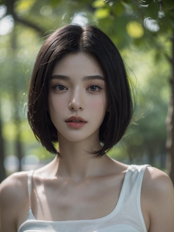 ( masterpiece, top quality, best quality,8k, girl,ultra detailed,raw photo:1.5),(photorealistic:1.4), (bob cut, black hair:1.5), (cinematic lighting), PerfectNwsjMajic, , Surrealism, UHD, ccurate, Super detail, textured skin, High detail, Best quality, dynamic angle, White skin,[Beautiful blue eyes], high nose,[flat chest:large breasts:0.5],(1girl),(good anatomy:0.5)),(Portrait:1.5),(outside )