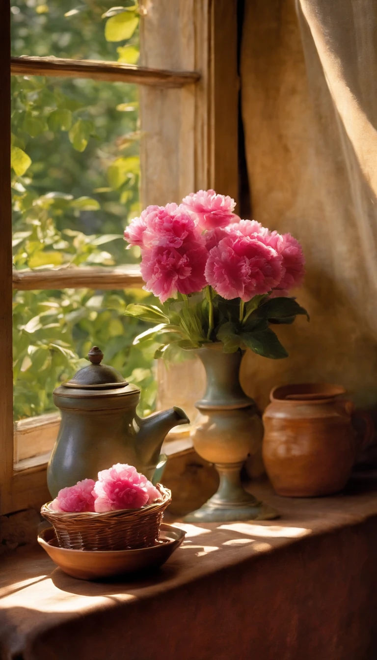 Through the weathered teal-colored windowpane, the distant mountains emerge in soft, hazy layers of blue and violet watercolor washes. Dappled sunlight filters through emerging spring foliage, casting a warm glow on the charming still life arranged on the rustic wooden sill.
In the foreground, a woven basket overflows with freshly baked croissants and brioches, their golden crusts rendered in layered strokes of sienna and ochre. Beside it rests a steaming cup of rich espresso, its deep umber crema captured in a single glossy stroke.
Earthenware pitchers in muted terra cotta tones hold blushing pink carnations, their delicate ruffled petals seeming to unfurl across the composition in feathery brushstrokes of rose madder and alizarin crimson. Tendrils of new greenery, translucent veils of olive and emerald, frame the sun-dappled vista beyond the open casement.
In the distance, the faint silhouette of a classical statue emerges amidst the soft-focus treeline, a mere suggestion of form in cobalt and payne's gray, adding an air of romantic mystery to this idyllic Provençal morning scene.