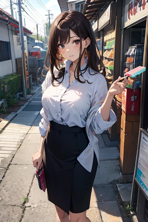 Best Quality, masutepiece, beautiful mature women、Beautiful face、Strong-minded woman、Office Suits、brown haired、Brown-eyed、Longhaire、Undersized eyes、Full body like、In front of a convenience store、outside of house、Eating popsicles
