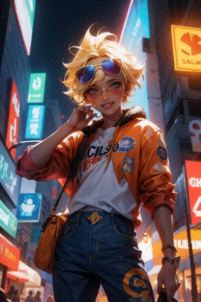 /clown in omib style, illustrator, masterpiece, high quality, 8K, high resolution, high detail, smiley face, Transparent sunglasses, Movie overlay, bright colors, Cool and soft lighting, Chicago by night, The wind is blowing, Greg Rutkoky Styles