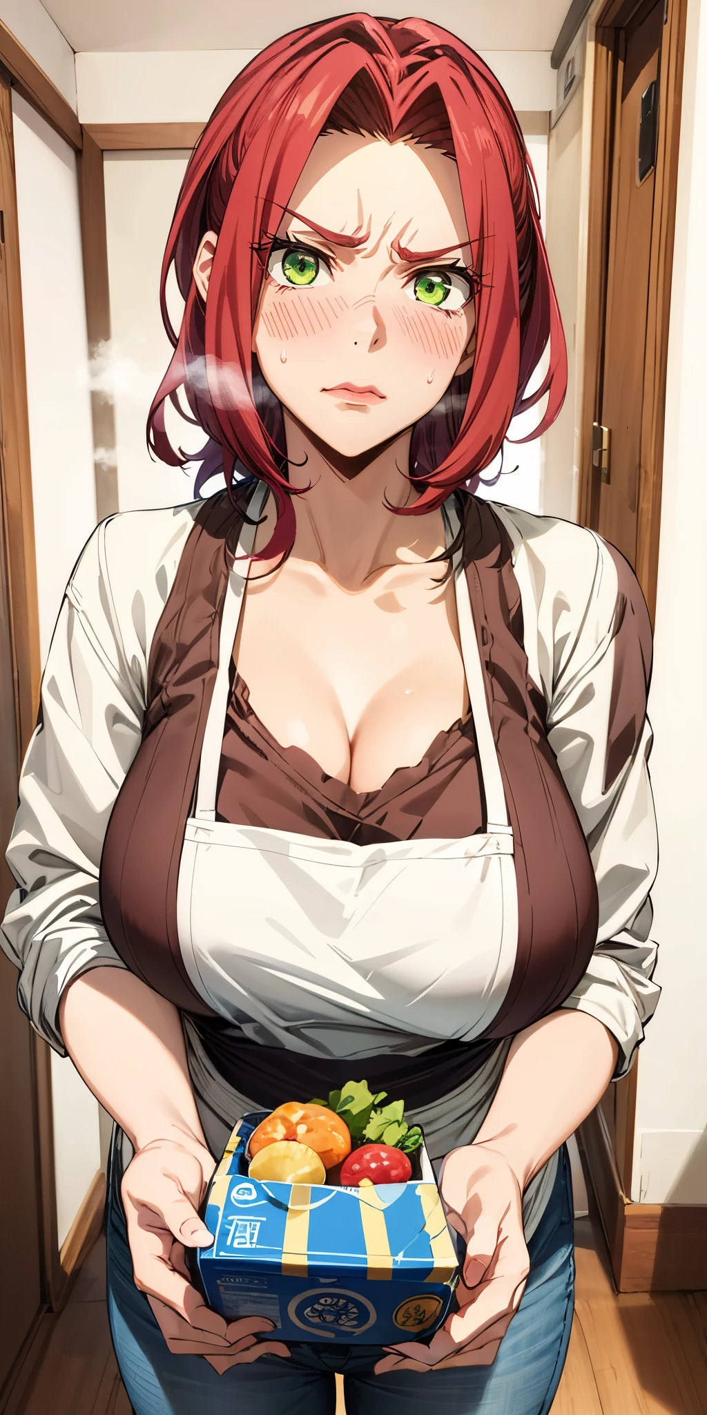 eft_shield_whor3, medium hair, red hair, green eyes,, curvy, anatomically correct, heavy breathing, huge breasts, 1girl, breasts, apron, open_mouth, cleavage, blush, looking_at_viewer, solo, large_breasts, bangs, black_eyes, holding box, collarbone, smile, shirt, "Photorealistic, Hyperrealistic, Hyperdetailed, analog style, soft lighting, subsurface scattering, realistic, heavy shadow, masterpiece, best quality, ultra realistic, 8k, golden ratio, Intricate, High Detail, film photography, soft focus", (shaded face:1.2), hollow eyes, green eyes, looking at viewer, (heavy breathing:1.2), angry, closed mouth, blush, lips, steaming face,