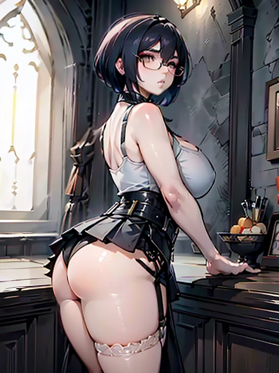((masterpiece:1.4)), ((best quality:1.4)), ((masterpiece)), ((best quality)), ((intricate detailed:1.4)), ((Hyper detailed)), absurd res, perspective, dynamic, highly detailed, bokeh, 8k,official art,extremely detailed CG unity 8k wallpaper, cinematic lighting, rim lighting, dim lighting, ambient lighting, 1girl,milf,mature female, best shadow,Detailed skin texture, detailed beautiful face, 1girl,solo,looking at viewer, shiny skin,attractive,short wolf cut hair, "white eyes", makeup, thick eyelashes, eyeshadow, beauty eyes, hyper detail, ultra detail eyes, blush,sharp eyes, lip moaned, ((massive breasts:1.5)), symmetrical , ((edgQuality,a woman in a tank-top,and a short skirt:1.3)), ((waist belt, black short hot pants combo garter belt, stocking)),((curvy body,slim waist,wide hips,thicc thigh, massive ass)), skin tight, leg gap, beautiful thigh, beautiful leg, long legs, (perfect hand), (wearing glasses:1.3), indoor ((on the background medieval noble mansion,antic property:1.4))(blurry background:1.2), detailed background, ((cozy atmosphere:1.3)), thighs, ((standing)(standing:1.2)), (pureerosface_v1), edgHimeCut, ((from side)), tall female,