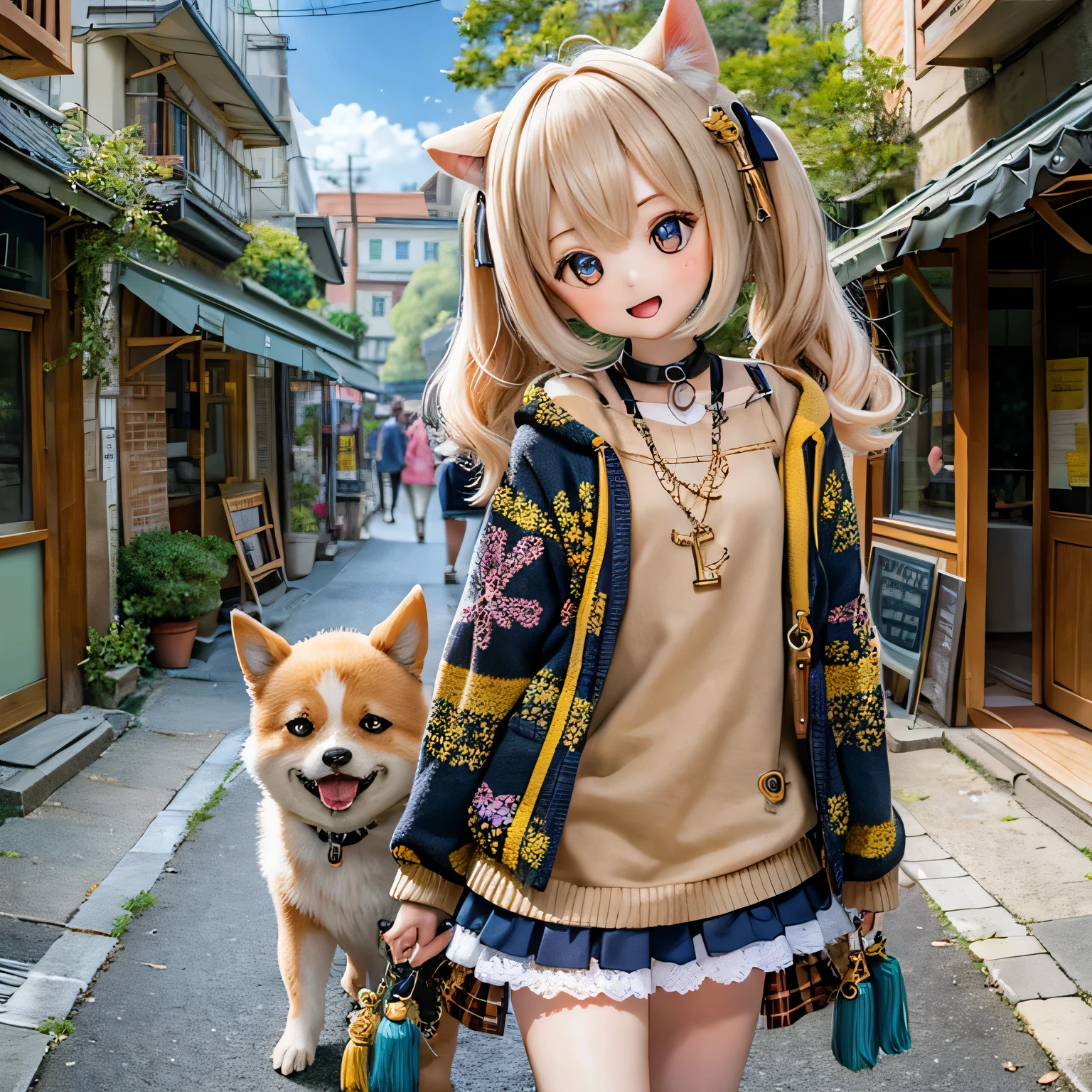 finely detailed beautiful girl, detailed 16k best quality, shiny hair, ultra-detailed beautiful shiny highlight clear eyes focus, Blushing、Blonde、Twin tails、Blue Eyes、laughing、Walking in the forest、Pink ribbon、