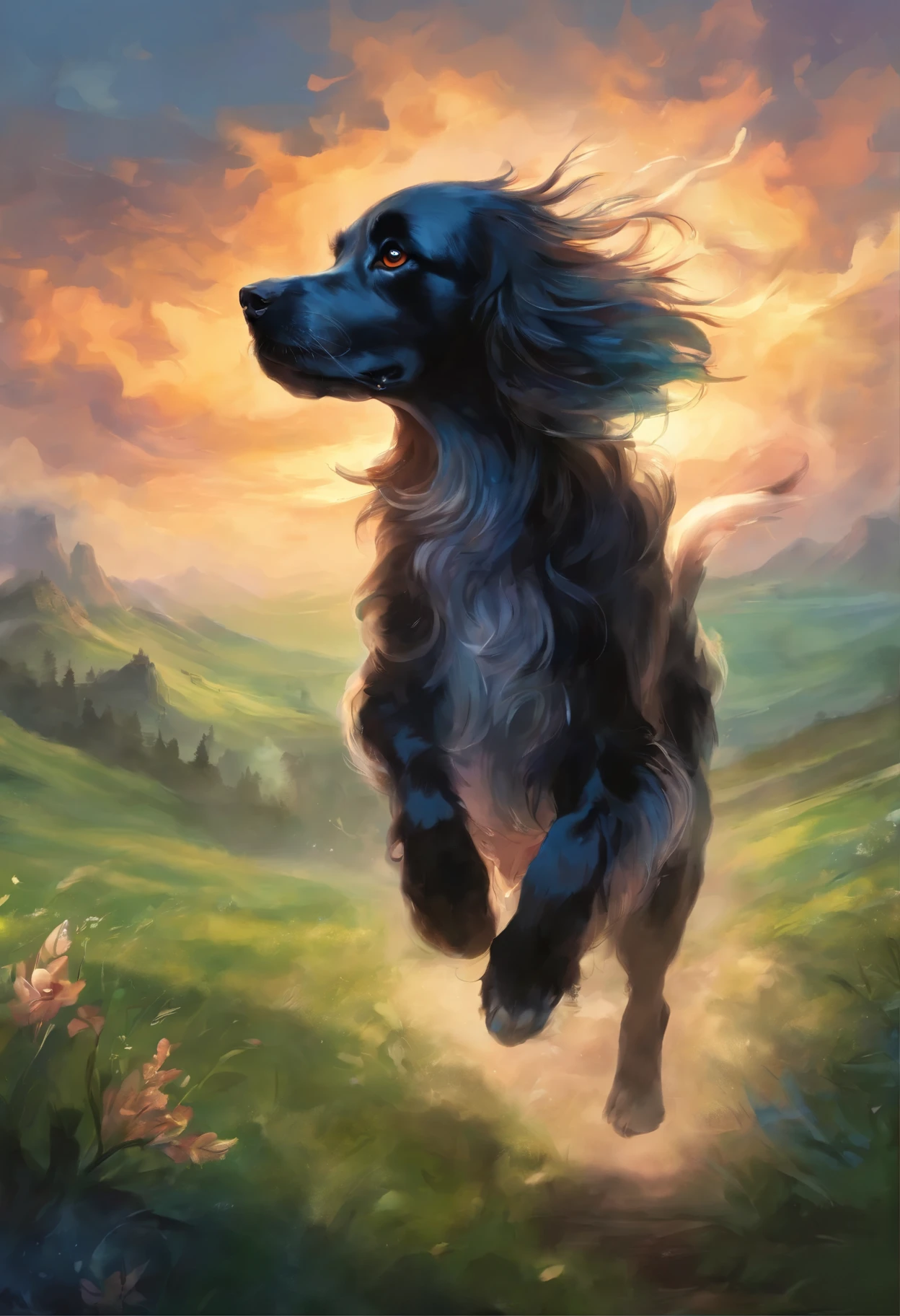 Dog Girl, Russian spaniel breed, color black with white chest, runs along the clouds to the green meadow