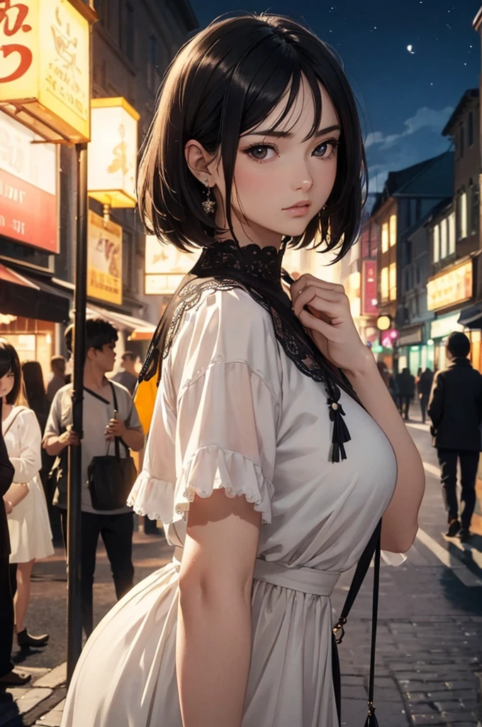 masterpiece, best quality, Miranda, (half body shot,street lamp,moon),masterpiece, 1 girl, Solo exhibition, Beautiful woman on the busy street, surrounded by hawkers, Beautiful goddess girl portrait, Beautiful and detailed face, porcelain skin, (((Half-length photo, center, night, black hair, short hair)), super soft lighting, symmetry, complex, grace, high detail, realism, Art, concept Art,