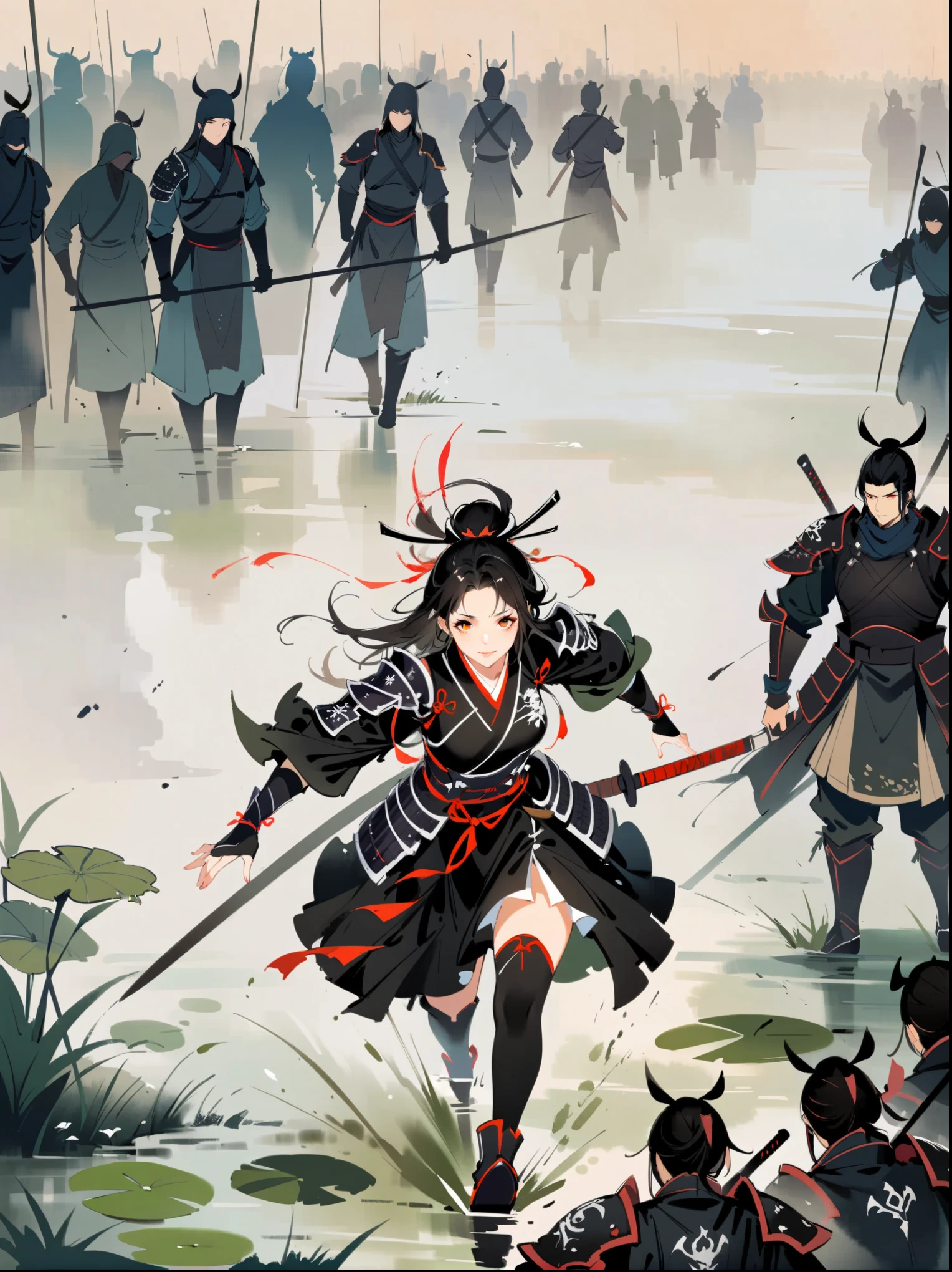 watercolor concept art by Benedick Bana (perspective from above ) 1girl, charging forward , detailed face, beautiful woman in fantasy samurai armor, trudging through misty swamp in middle of multiple army battlefield, marshlands, foggy, cloudy, wearing surcoat with family arms embroidered on it, many samurai fighting in background, masterpiece, best quality, high quality, dramatic lighting, shadows