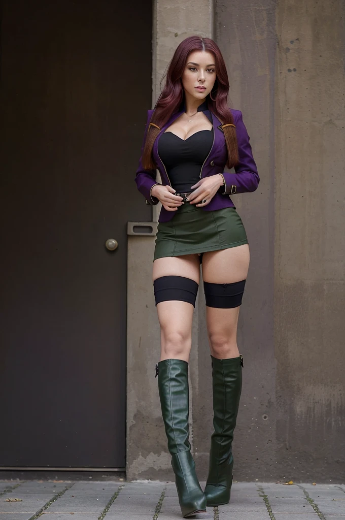 one beautiful women, ankle boots, black high heel stilettos, (wearing: tight uniform, colours: purple and green, military style), full body view, extrem long hair, cleavage, extrem short skirt, Burgundy red hair,
