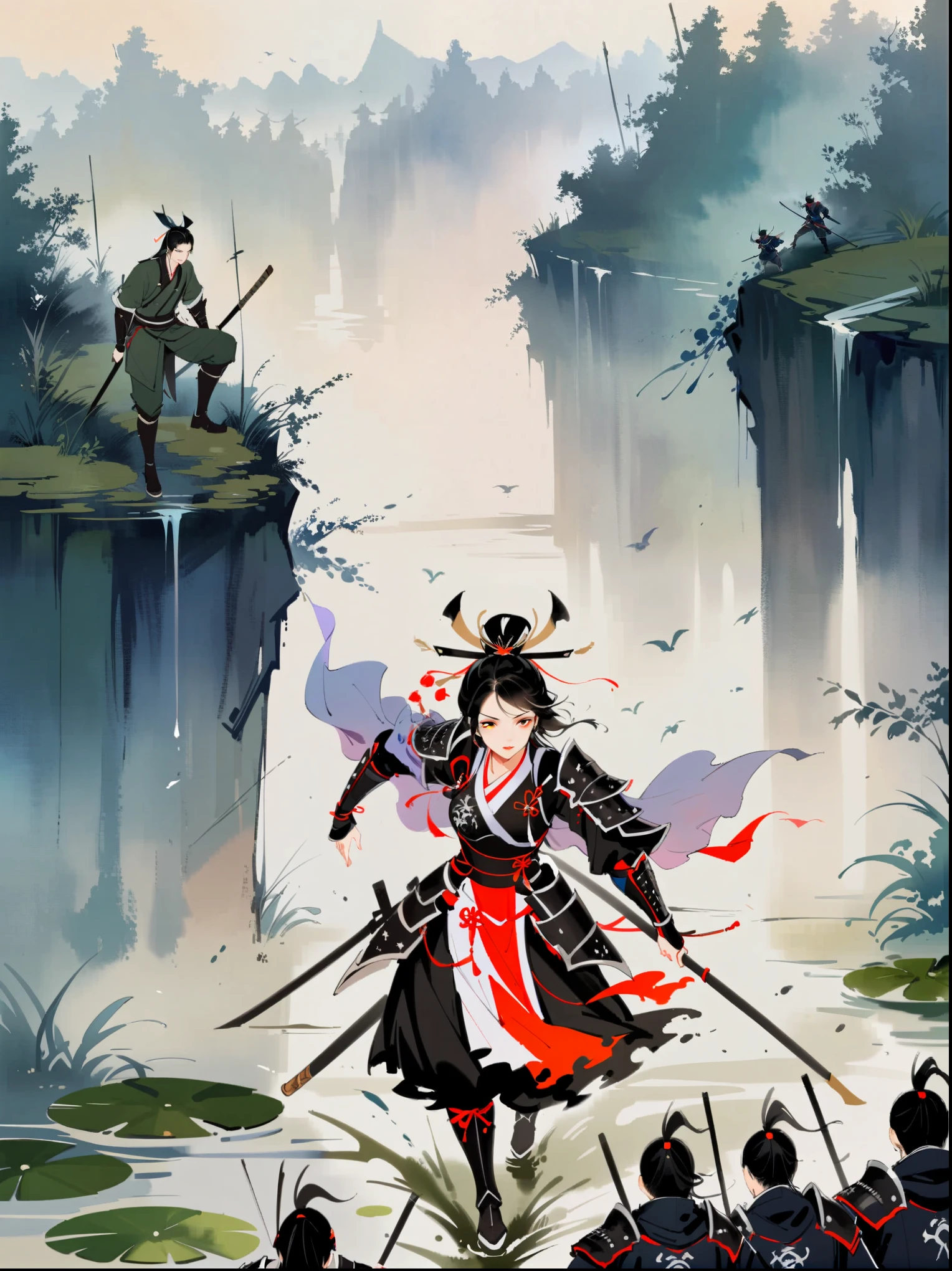 watercolor concept art by Benedick Bana (perspective from above ) 1girl, charging forward , detailed face, beautiful woman in fantasy samurai armor, trudging through misty swamp in middle of multiple army battlefield, marshlands, foggy, cloudy, wearing surcoat with family arms embroidered on it, many samurai fighting in background, masterpiece, best quality, high quality, dramatic lighting, shadows
