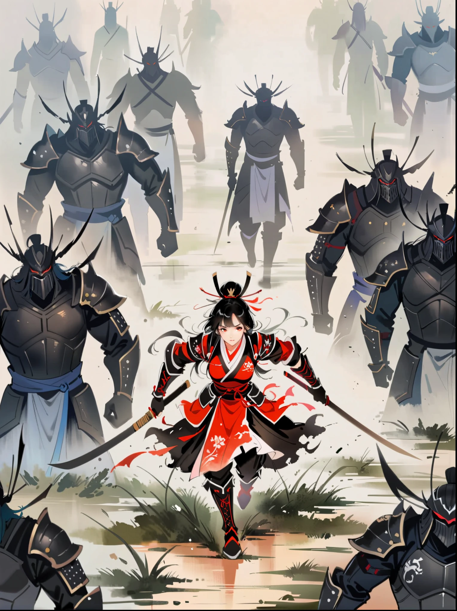 watercolor concept art by Benedick Bana (perspective from above ) 1girl, charging forward , detailed face, beautiful woman in fantasy samurai armor, trudging through misty swamp in middle of multiple army battlefield, marshlands, foggy, cloudy, wearing surcoat with family arms embroidered on it, many samurai fighting in background, masterpiece, best quality, high quality, dramatic lighting, shadows