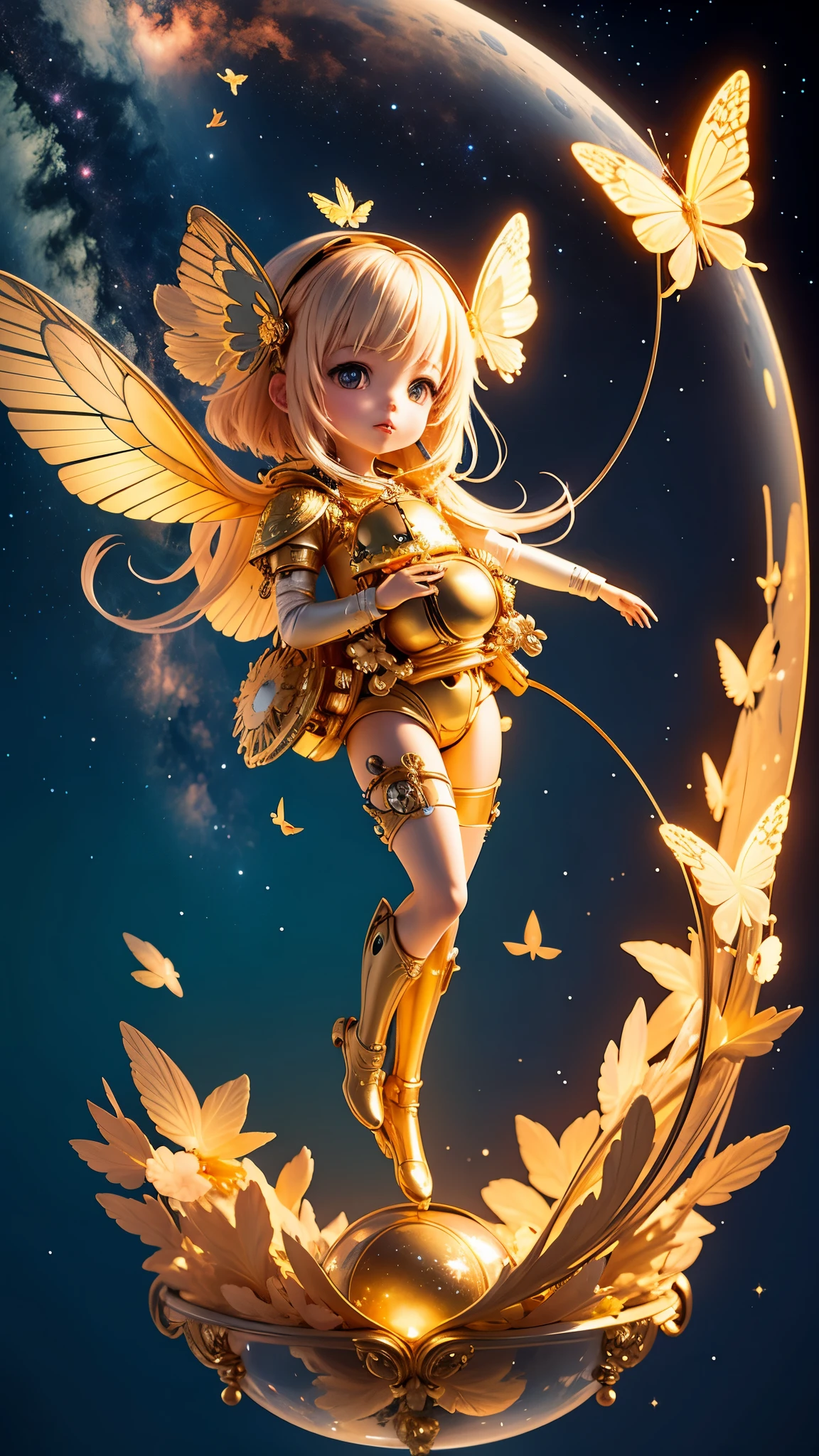 Chibi anime character, floating amidst the vast expanse of space in a breathtaking 8K resolution setting, cradling a beautiful golden butterfly that shines brightly against the backdrop of the cosmos. The intricately detailed robot in the foreground adds an extra layer of wonder to this ethereal scene.