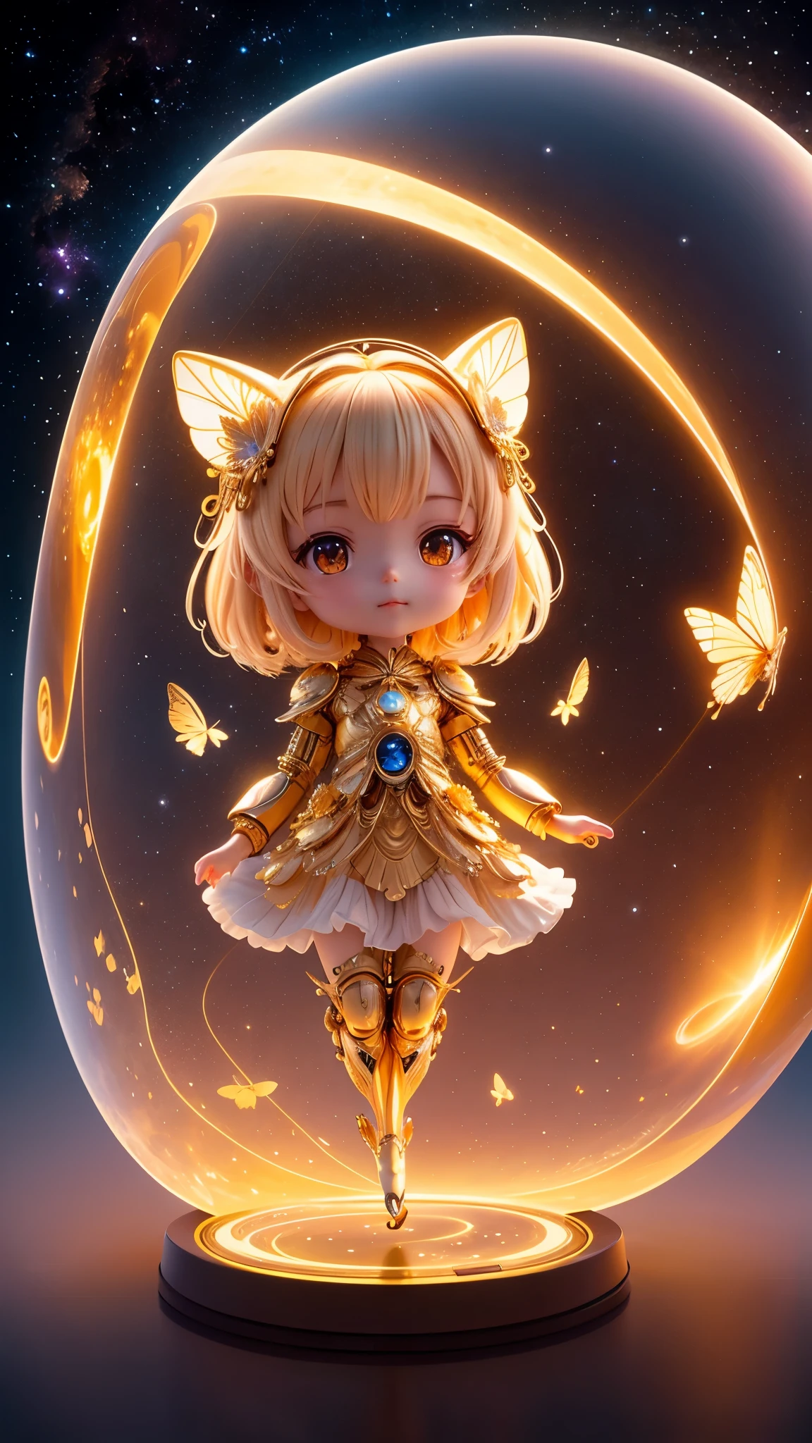 Chibi anime character, floating amidst the vast expanse of space in a breathtaking 8K resolution setting, cradling a beautiful golden butterfly that shines brightly against the backdrop of the cosmos. The intricately detailed robot in the foreground adds an extra layer of wonder to this ethereal scene.