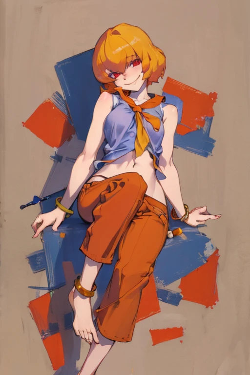 ((highest quality)), ((masterpiece)), (be familiar with),Clementine,Overload,{{nsfw}},Sleeveless shirt,pants,bewitching smile,anklet