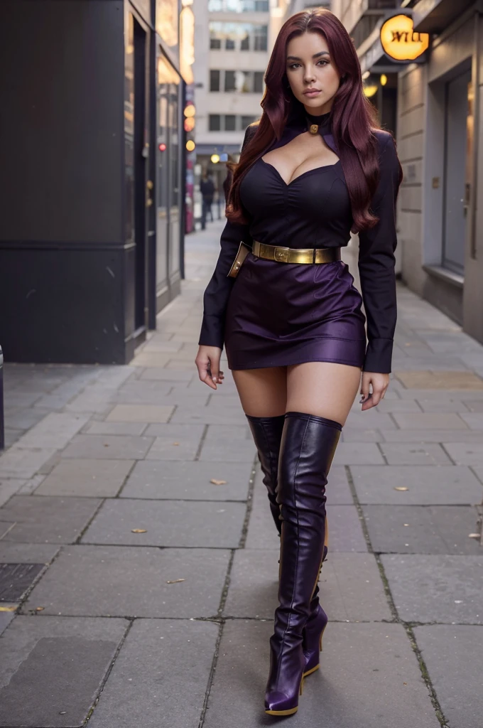 one beautiful women, ankle boots, black high heel stilettos, (wearing: tight uniform, colours: purple and gold, military style), full body view, extrem long hair, cleavage, extrem short skirt, Burgundy red hair,