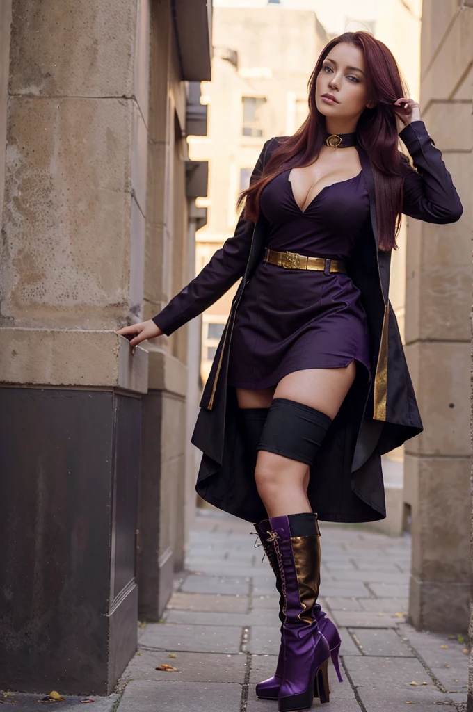 one beautiful women, ankle boots, black high heel stilettos, (wearing: tight uniform, colours: purple and gold, military style), full body view, extrem long hair, cleavage, extrem short skirt, intensiv Burgundy red hair,