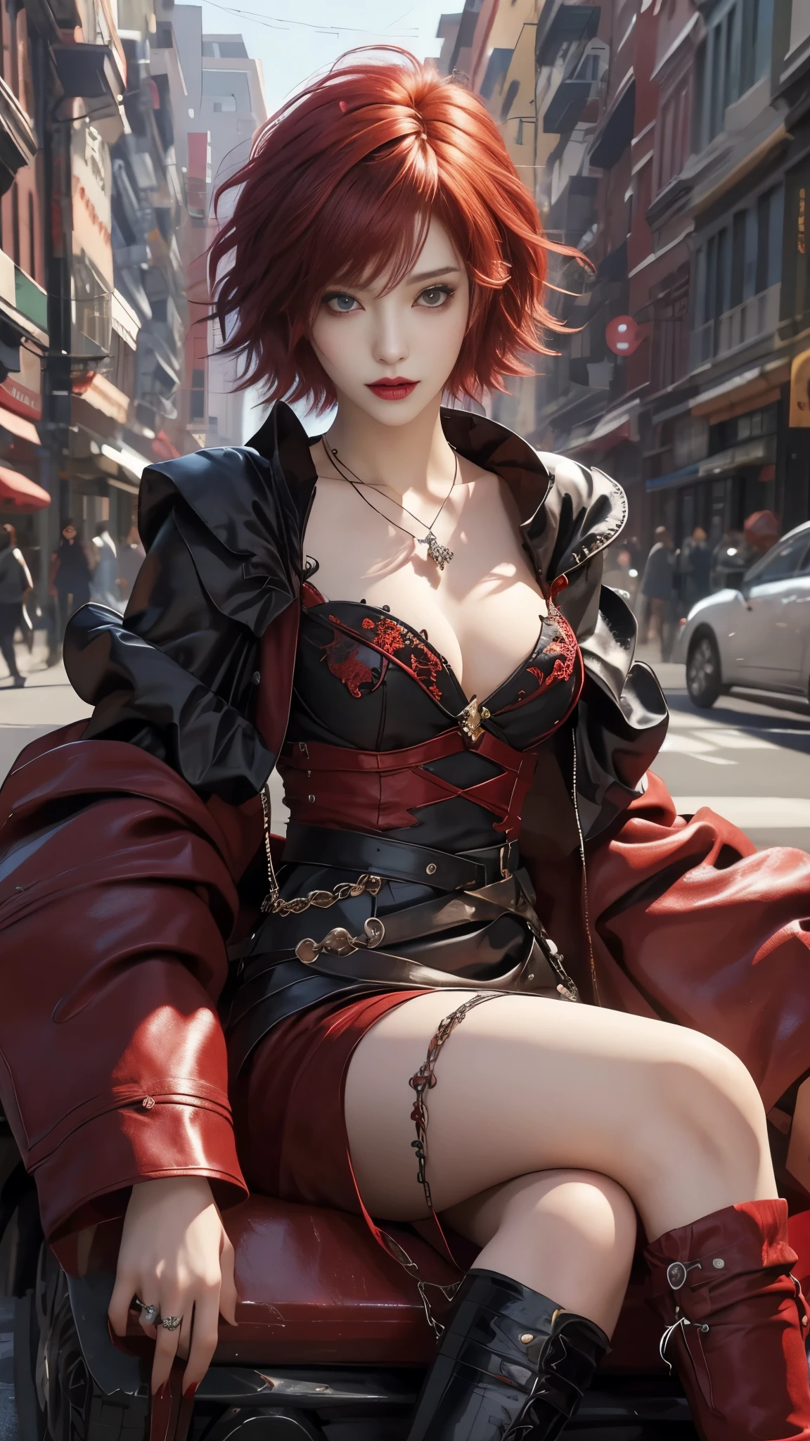 masterpiece, top-quality, ((1womanl)), different red color, finely eye and detailed face, intricate detailes, Casual black and red attire, window, A smile, Happiness, tenderness, high-level image quality、selfee, Beautuful Women、tall、a small face, D-cups, The upper part of the body、nightfall, nighttime scene、𝓡𝓸𝓶𝓪𝓷𝓽𝓲𝓬、Korea person, Idol Photos, Model photo, k pop, Professional Photos, Vampires, Korean fashion in black and red, Fedoman with necklace, inspired by Sim Sa-jeong, androgynous vampire, :9 detailed face: 8, extra detailed face, detailed punk hair, ((eyes are deialed)) baggy eyes, Seductive. Highly detailed, semi realistic anime, Vampires, hyperrealistic , Delicate androgynous princess, imvu, ((short hair woman)), red hair woman with wild look, ((Woman with short red hair)), ((1 persons)), sitting,