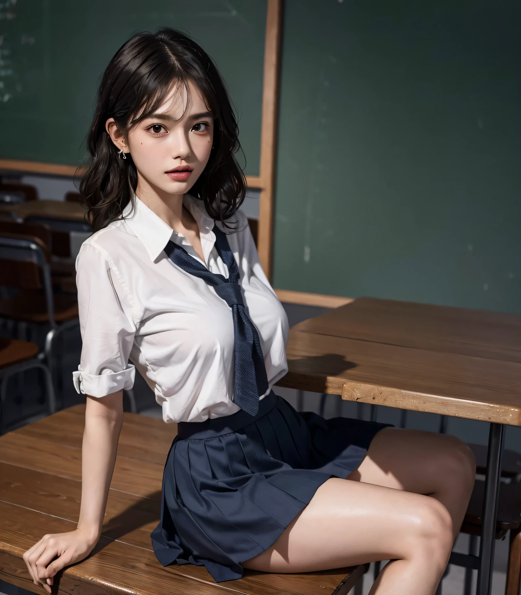 absurdres, RAW photo, extremely delicate and beautiful, masterpiece, Best Quality, ultra high resolution, 32k, hyperrealistic, ultra-detailed, perfect anatomy, perfect figure, super Detailed skin, Very detailed CG 8k wallpaper, in her 20s, very Slim body, narrow waist, very small head, very small face, delicate facial features, tearful mole, earring, thin legs, (very huge round breasts:1.2), (full body shot:1.1), solo, short hair, (wavy hair:1.2), wet clothes, (school uniform:1.3), shirt,