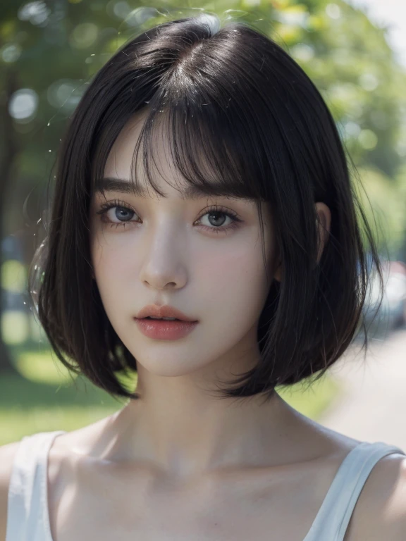 ( masterpiece, top quality, best quality,8k,17 years old girl,ultra detailed,raw photo:1.5),(photorealistic:1.4), (bob cut,swept bangs, black hair:1.5), (cinematic lighting), PerfectNwsjMajic, , Surrealism, UHD, ccurate, Super detail, textured skin, High detail, Best quality, dynamic angle, White skin,[Beautiful blue eyes], high nose,[flat chest:large breasts:0.5],(1girl),(good anatomy:0.5)),(Portrait:1.5),(outside )