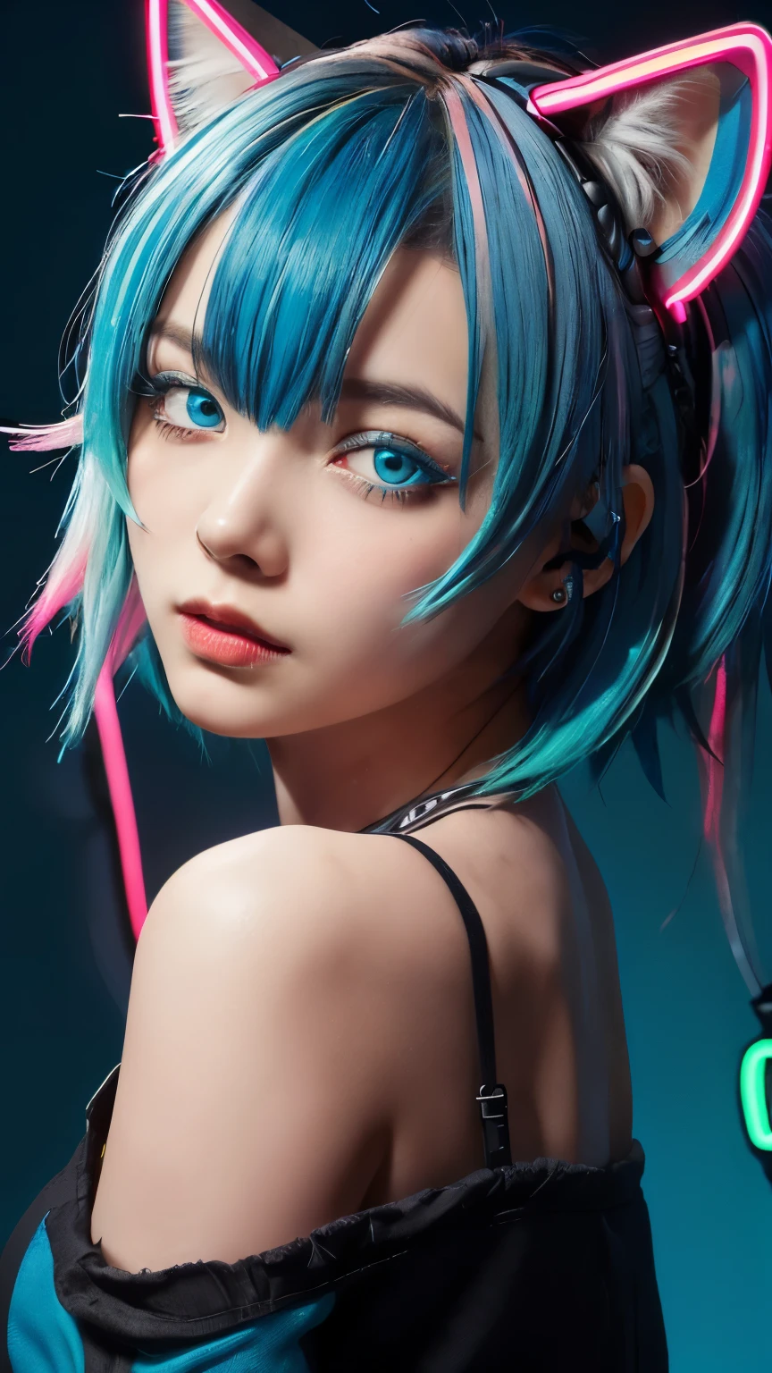 (Neon blue thema:1.2), masterpiece, highest quality, 4K, Photorealistic, bokeh, enlightenment,1 perfect portrait of a girl, (A fascinating eye for perfect detail:1.2), colorful hair, (gradient hair), (neon blue hair:1.6), (Cat ear:1.2), fantasy background, (exposed bare shoulders), (long-term alienation sleeve), (lean forward a little), head tilt, (movie lighting:1.2), oversized clothes, (seductive pose:1.4), (neon blue background:1.6), Light blue beautiful eyes, close up,