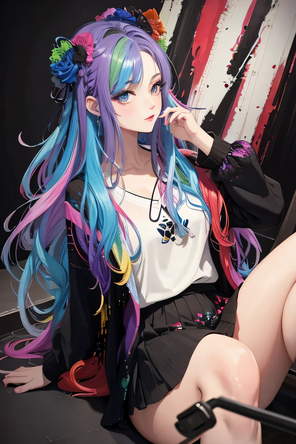 3d watercolor abstract,dark background,high resolution,high quality,colorful,3d watercolor abstract,dark background,high resolution,high quality,colorful,(masterpiece, best quality:1.2),a beautiful girl,Skin detail processing,The eyes are finely described,Delicate hair,wavy long hair,Long light hair,Black Sweater,white dotini skirt,Retro contrasting colors,