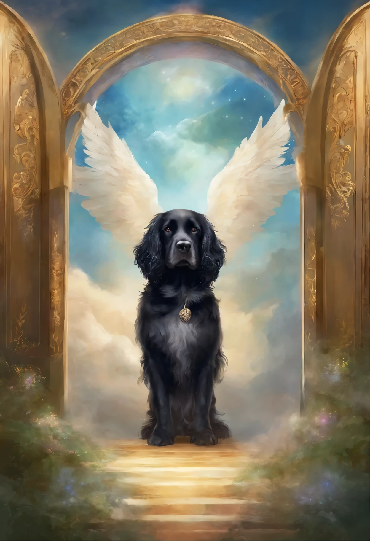 A black Russian spaniel dog with a white chest lies on the clouds and guards the doors in heaven.