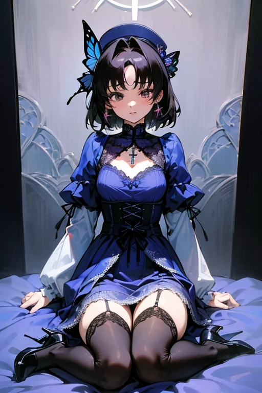 Akina Nakamori、Blue lace dress、25 years old、Beautiful woman、sexy、White cross necklace on chest、gothic style、miniature small hat、Sharp and cute、Beautiful woman、Upper grade、lace stockings、sexyポーズ、highest quality、最高masterpiece、masterpiece、super delicate、butterfly、