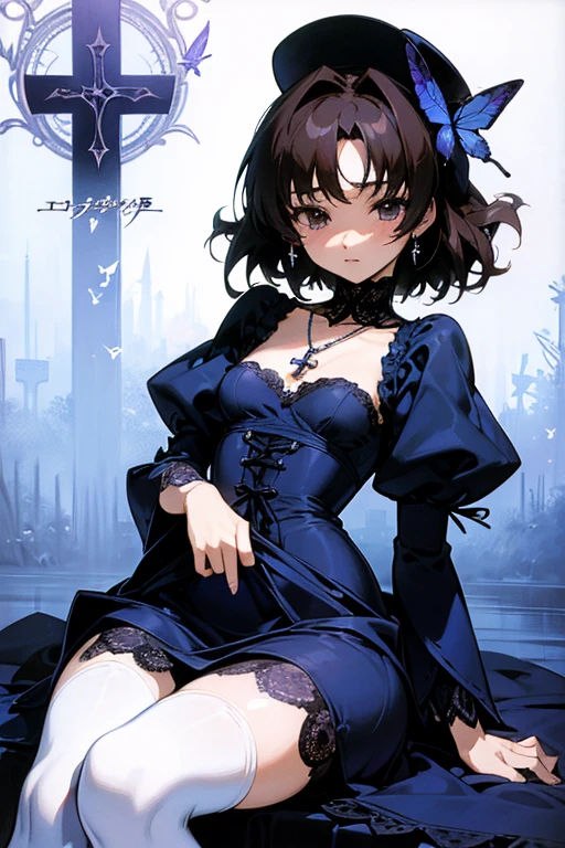 Akina Nakamori、Blue lace dress、25 years old、Beautiful woman、sexy、White cross necklace on chest、gothic style、miniature small hat、Sharp and cute、Beautiful woman、Upper grade、lace stockings、sexyポーズ、highest quality、最高masterpiece、masterpiece、super delicate、butterfly、