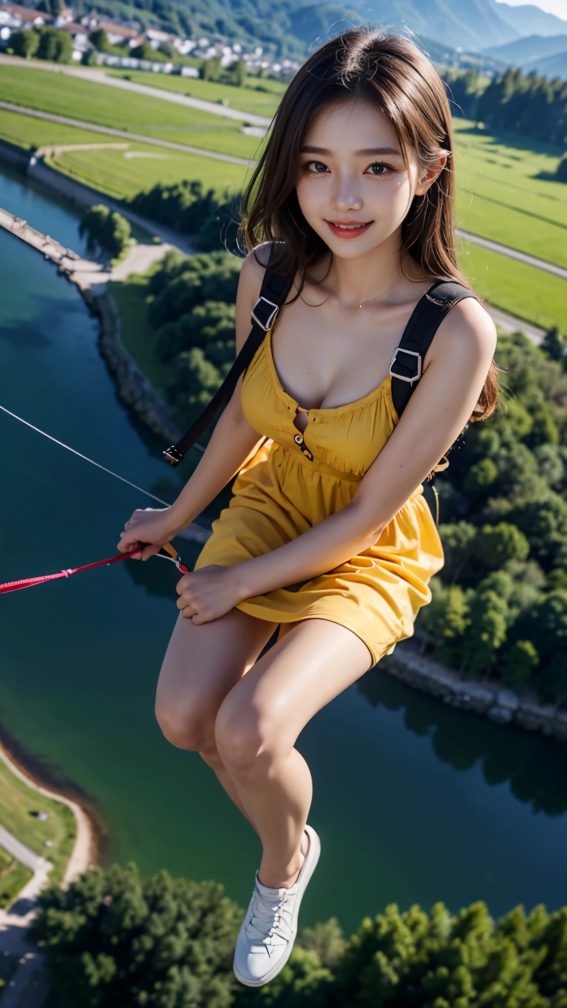 Beautiful 24 Years Korean Girl, Paragliding On switzerland alaps valley, ((On air)), ((Paragliding)), Solo, Air, Realistic, Ultra HD, 8k unity walpaper, Ray Tracing, Beautiful smile, (smile:1.2), Yellow Knee length frock, detailed background, Detailed skin, detailed dress , Perfect Body figure, Young Body, Medium breast, black hair, soo cute Dress