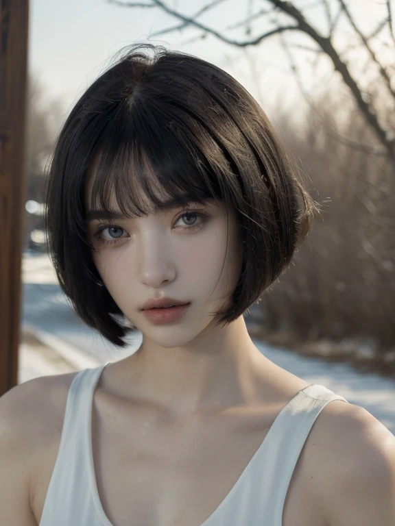 ( masterpiece, top quality, best quality,8k,17 years old girl,ultra detailed,raw photo:1.5),(photorealistic:1.4), (bob cut,swept bangs, black hair:1.5), (cinematic lighting), PerfectNwsjMajic, , Surrealism, UHD, ccurate, Super detail, textured skin, High detail, Best quality, dynamic angle, White skin,[Beautiful blue eyes], high nose,[flat chest:large breasts:0.5],(1girl),(good anatomy:0.5)),(Portrait:1.5),(outside )