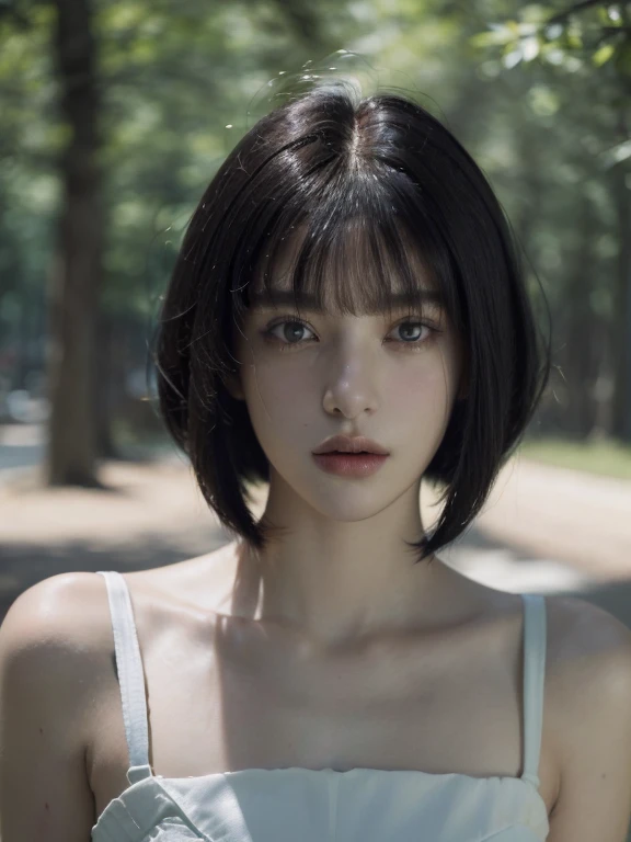 ( masterpiece, top quality, best quality,8k,17 years old girl,ultra detailed,raw photo:1.5),(photorealistic:1.4), (bob cut,swept bangs, black hair:1.5), (cinematic lighting), PerfectNwsjMajic, , Surrealism, UHD, ccurate, Super detail, textured skin, High detail, Best quality, dynamic angle, White skin,[Beautiful blue eyes], high nose,[flat chest:large breasts:0.5],(1girl),(good anatomy:0.5)),(outside )